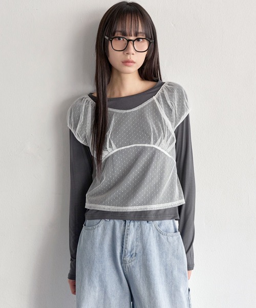 tシャツ 「UNE ORIGINAL」「レイヤードSET」3WAYシースルーレイヤードドットショルダーパフ半袖T＆ラフUネックベーシックカットソーSE