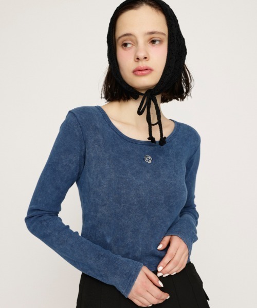 tシャツ COLORED SLEEVE EDGE S/S TOP レディース Square Neck Tops for Women Short Sleeve Square Slim Fit Tees