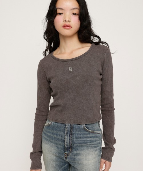 DONDUP 売れ筋商品|||ドンダップ Tシャツ トップス レディース Tops Brown レディース トップス ロンT 袖タックロゴプルオーバー 7分袖