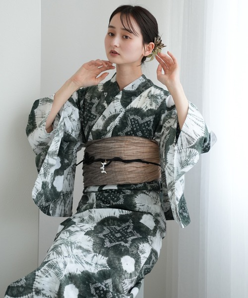 utatane 浴衣 有松絞り浴衣3点セット 抹茶色の梵天 レディース
