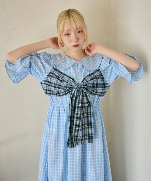 ハンドメイド ヘリンボーンツイードリボン ティアードワンピース 前