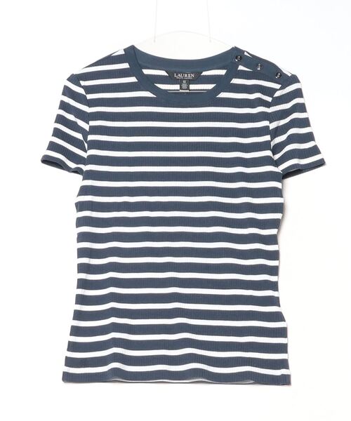 LAUREN RALPH LAUREN / ローレン ラルフ ローレン ストライプド ボタントリム リブニット Tシャツ ストライプド ボタントリム リブニット Tシャツ｜ローレン