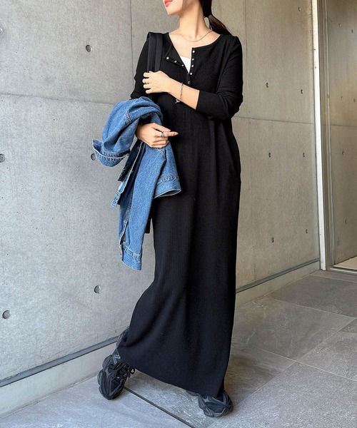 andme（アンドミー） ワンピース セルフカットリブヘンリーネック長袖