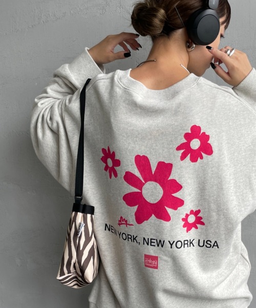 トレーナー スウェット 「WEB先行予約」「MANHATTAN PORTAGE」 別注 ポケット刺繍 リンガー クルーネックスウェット レディース メ Manhattan Portage トレーナー スウェット 「WEB先行予約