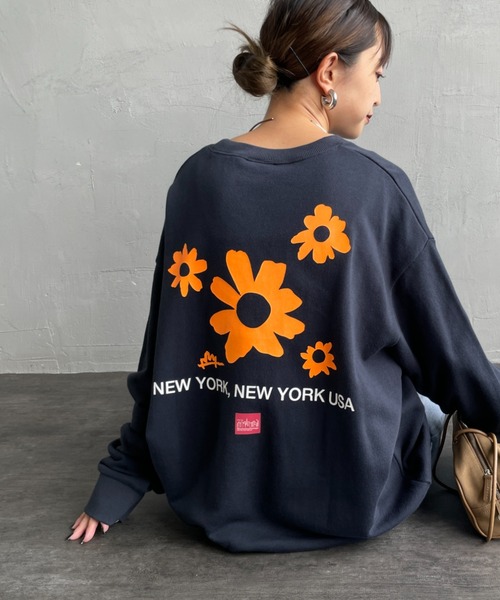 トレーナー スウェット 「WEB先行予約」「MANHATTAN PORTAGE」 別注 ポケット刺繍 リンガー クルーネックスウェット レディース メ Manhattan Portage トレーナー スウェット 「WEB先行予約