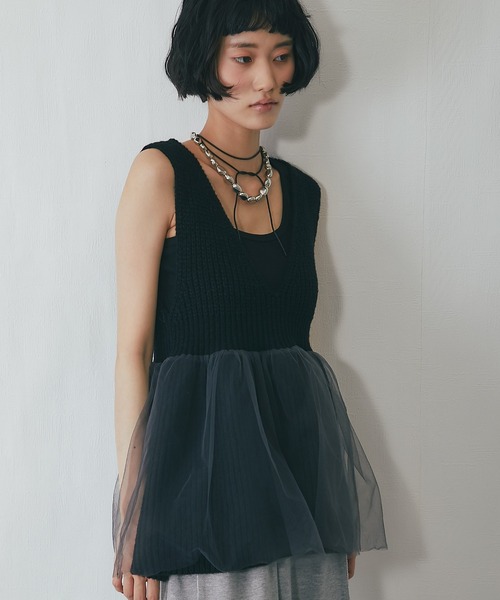 フリルチュールドッキングベスト ノーカラーベスト ジレ ミドル丈 黒 Frene leimn ベスト ジレ 「チュールドッキングジレベスト