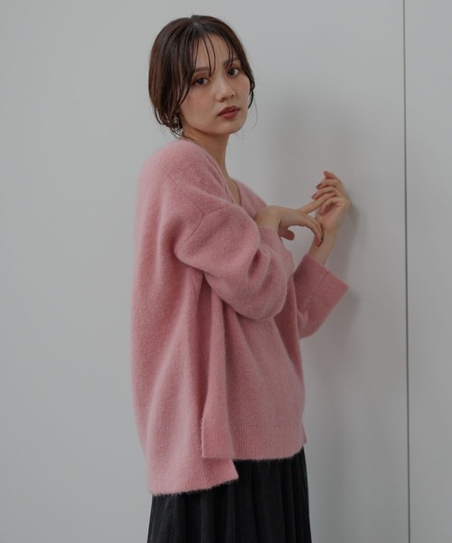 イタリア製 vintage モヘア ウールニット pink ヴィンテージ モヘアウール ロングヘアー Vネックニット【Unknown