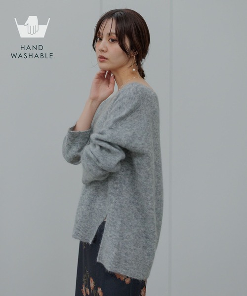 Andemiu アンデミュウ フレア長袖ニット Vネック 薄手 グレー Andemiu（アンデミュウ） ニット セーター 「手洗い可能」モヘアウール