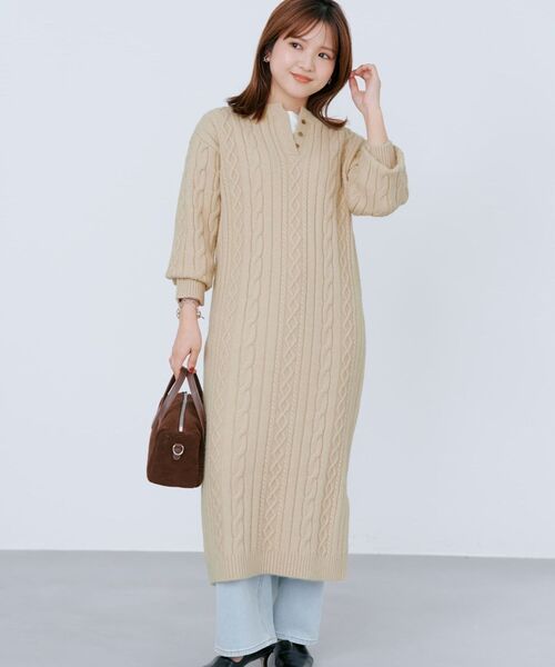 ワンピース ケーブルミックスニットワンピース 「低身長・小柄女性