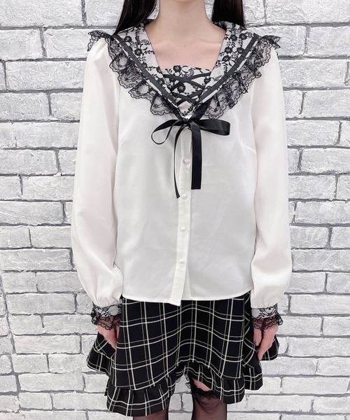 「MA*RS」 長袖シャツ FREE ホワイト×ピンク レディース_画像2