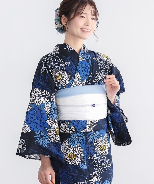 KIMONOMACHI 浴衣 浴衣 レディース 2点セット 浴衣+しわ兵児帯 黒 金魚