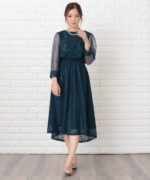 Lace Ladies ドレス ドットチュール袖×花柄総レースフィッシュ
