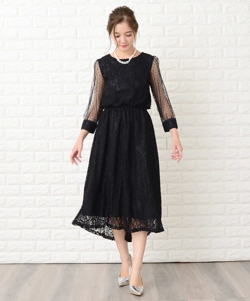 パーティードレス Floral Lace Pleated Dress Lace Ladies ドレス ドットチュール袖×花柄総レースフィッシュ