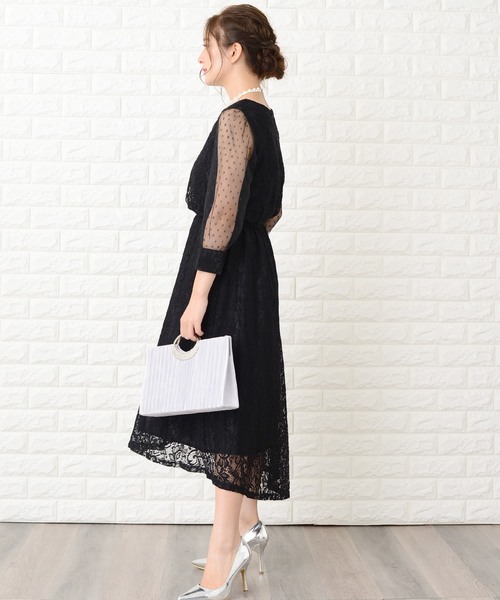 Lace Ladies ドレス ドットチュール袖×花柄総レースフィッシュ