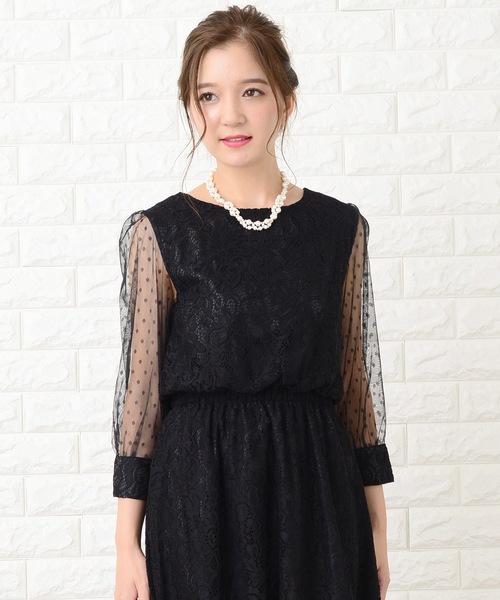 レディース フォーマル ベルベットドレス フィッシュテールc3314 Lace Ladies ドレス ドットチュール袖×花柄総レースフィッシュ