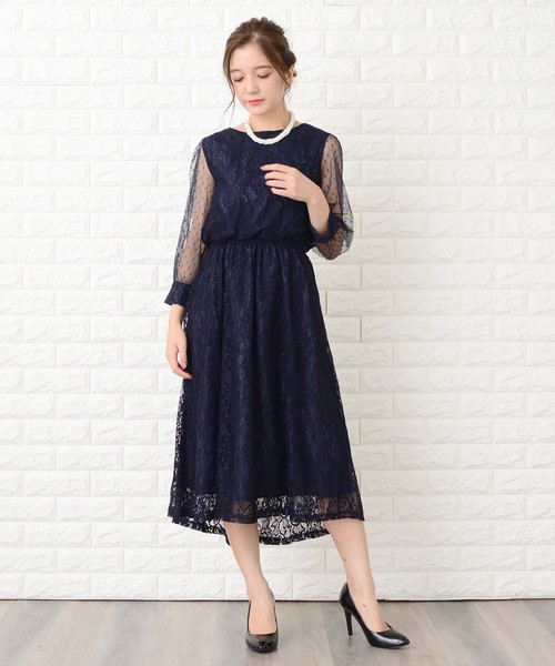 パーティードレス Floral Lace Pleated Dress Lace Ladies ドレス ドットチュール袖×花柄総レースフィッシュ