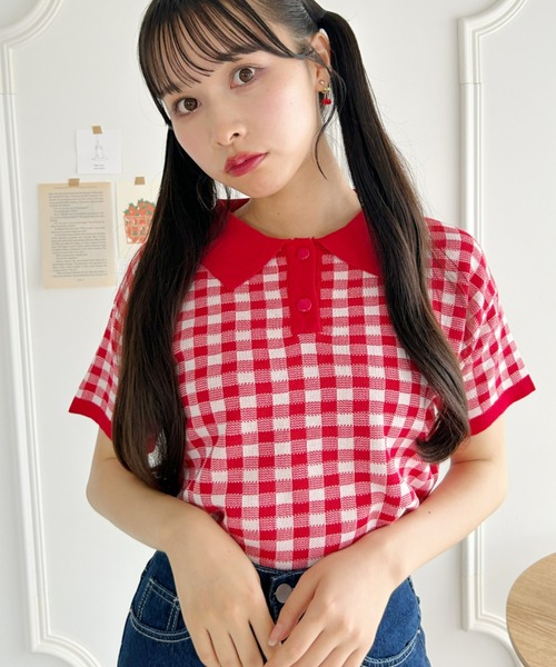 Loueme ブラウス シャツ 半袖 ギンガムチェックオーバーポロシャツ