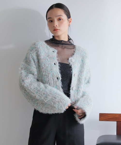 カーディガン ラメフェザーショートニットカーディガン レディース LADYMADE カーディガン ラメフェザーショートニットカーディガン