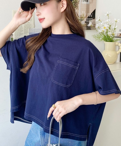 tシャツ 綿100％天竺.配色ステッチ半袖オーバーTシャツ レディース | moment+ | 03