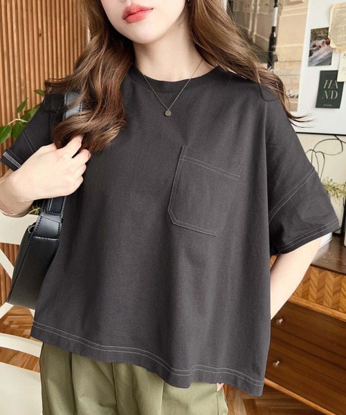 tシャツ 綿100％天竺.配色ステッチ半袖オーバーTシャツ レディース | moment+ | 02