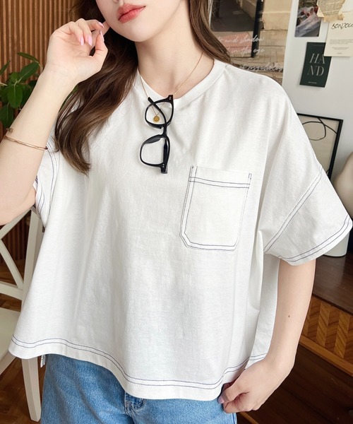 tシャツ 綿100％天竺.配色ステッチ半袖オーバーTシャツ レディース | moment+ | 04