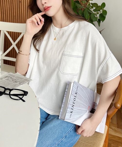 tシャツ 綿100％天竺.配色ステッチ半袖オーバーTシャツ レディース | moment+ | 05