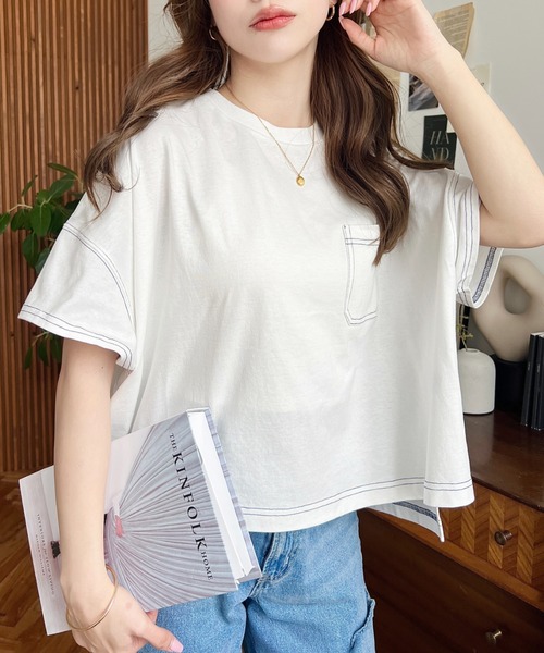 tシャツ 綿100％天竺.配色ステッチ半袖オーバーTシャツ レディース | moment+ | 06