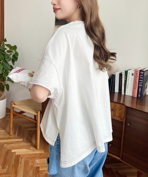 tシャツ 綿100％天竺.配色ステッチ半袖オーバーTシャツ レディース | moment+ | 07
