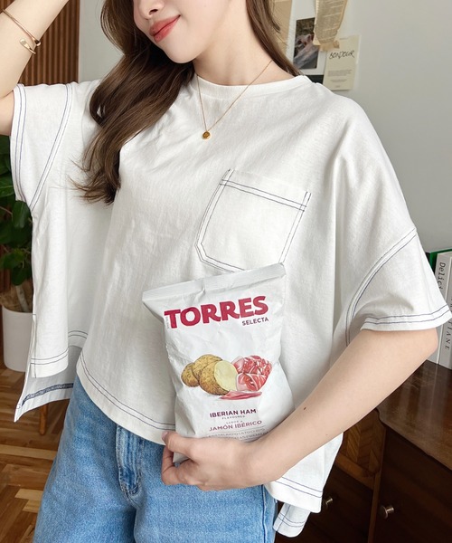 tシャツ 綿100％天竺.配色ステッチ半袖オーバーTシャツ レディース | moment+ | 08