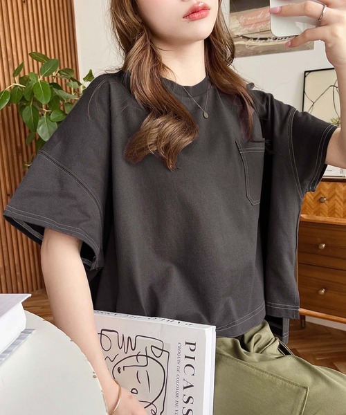 tシャツ 綿100％天竺.配色ステッチ半袖オーバーTシャツ レディース | moment+ | 15