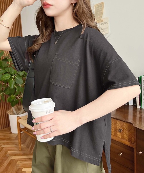 tシャツ 綿100％天竺.配色ステッチ半袖オーバーTシャツ レディース | moment+ | 14