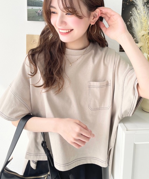 tシャツ 綿100％天竺.配色ステッチ半袖オーバーTシャツ レディース | moment+ | 18
