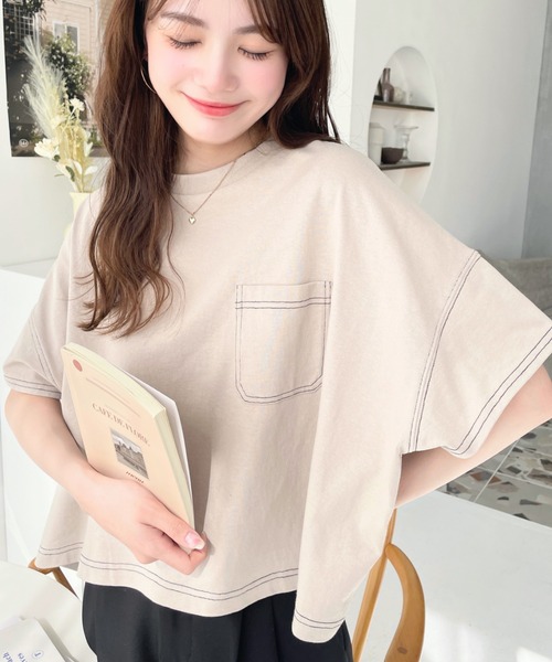 tシャツ 綿100％天竺.配色ステッチ半袖オーバーTシャツ レディース | moment+ | 20