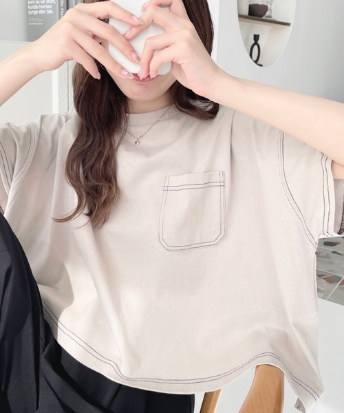 tシャツ 綿100％天竺.配色ステッチ半袖オーバーTシャツ レディース | moment+ | 21