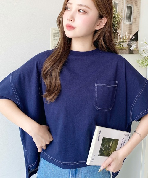 tシャツ 綿100％天竺.配色ステッチ半袖オーバーTシャツ レディース | moment+ | 23