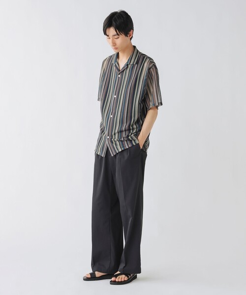 BEAMS HEART シャツ レース ストライプ オープンカラー メンズ