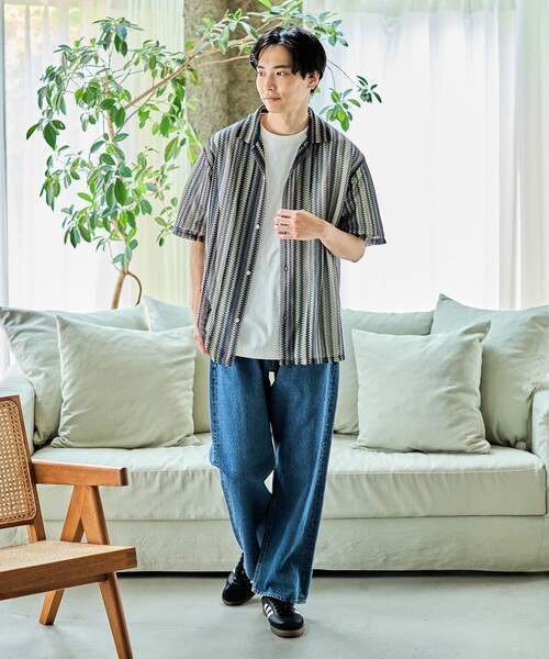 BEAMS HEART シャツ レース ストライプ オープンカラー メンズ