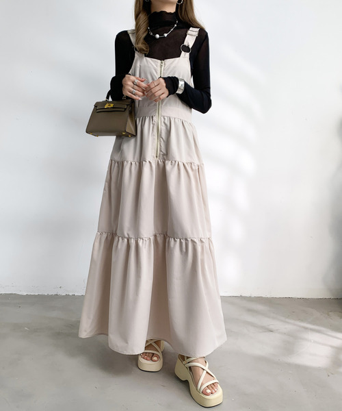 美品☆Rene☆ツイードワンピース フロントジップ ティアード 36 emi+ ワンピース フロントジップティアードワンピース