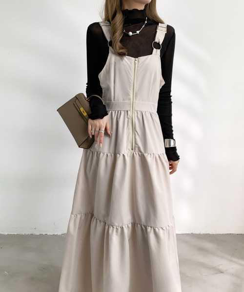 美品☆Rene☆ツイードワンピース フロントジップ ティアード 36 62g18 Rene ルネ フロントジップ ノースリーブツイード