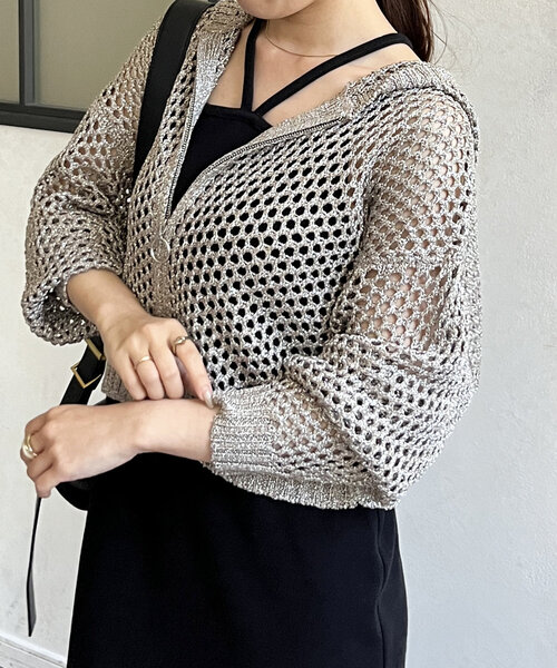 Thevon パーカー ラメメッシュジップニットパーカー レディース