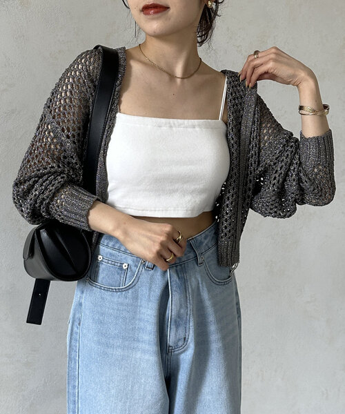 Thevon パーカー ラメメッシュジップニットパーカー レディース