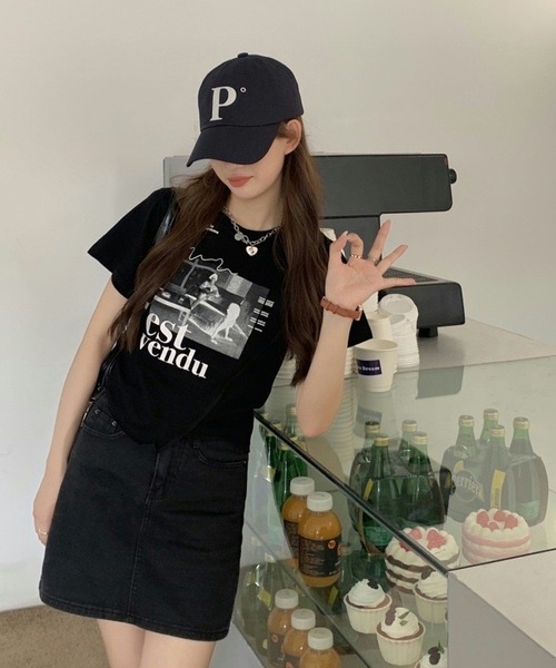 shopnikoniko tシャツ プリントTシャツ 半袖 ショート丈 フォト