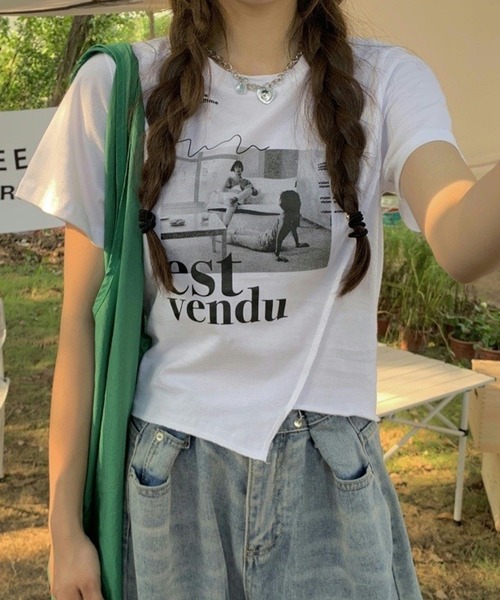 shopnikoniko tシャツ プリントTシャツ 半袖 ショート丈 フォト