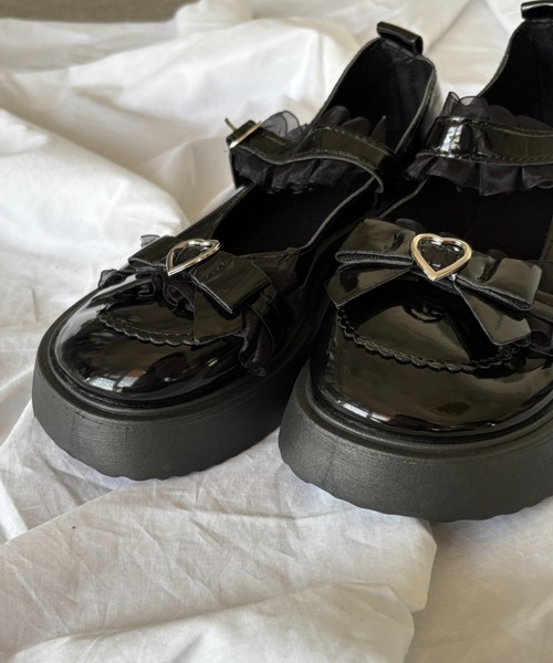 ローファー フリルストラップ リボン デザインローファー 厚底