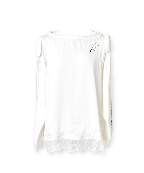 tシャツ Open shoulder ribbon printed satin tops レディース