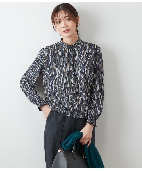 tシャツ ポリエステル強撚スムース ランダムレーンプリント ハイネックプルオーバー レディース