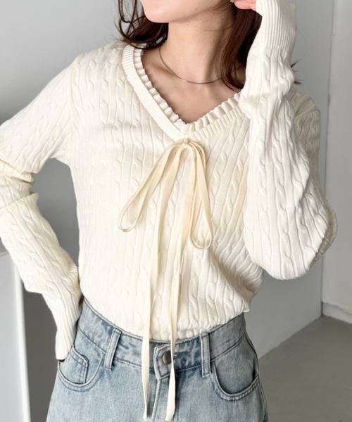 ニット セーター フロントリボンニット レディース CLEA ニット セーター フロントリボンVネックニットトップス