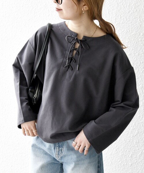 今季完売♡レースアップロングTシャツ THE MOOD]レースアップロングTシャツ（Tシャツ／カットソー
