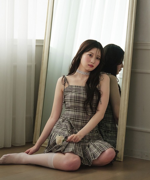 fupel チェック柄ショルダーリボンミニワンピース fupel ワンピース shoulder ribbon check mini cami onepiece