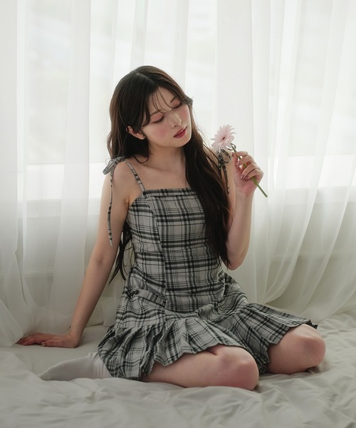 fupel ワンピース shoulder ribbon check mini cami onepiece